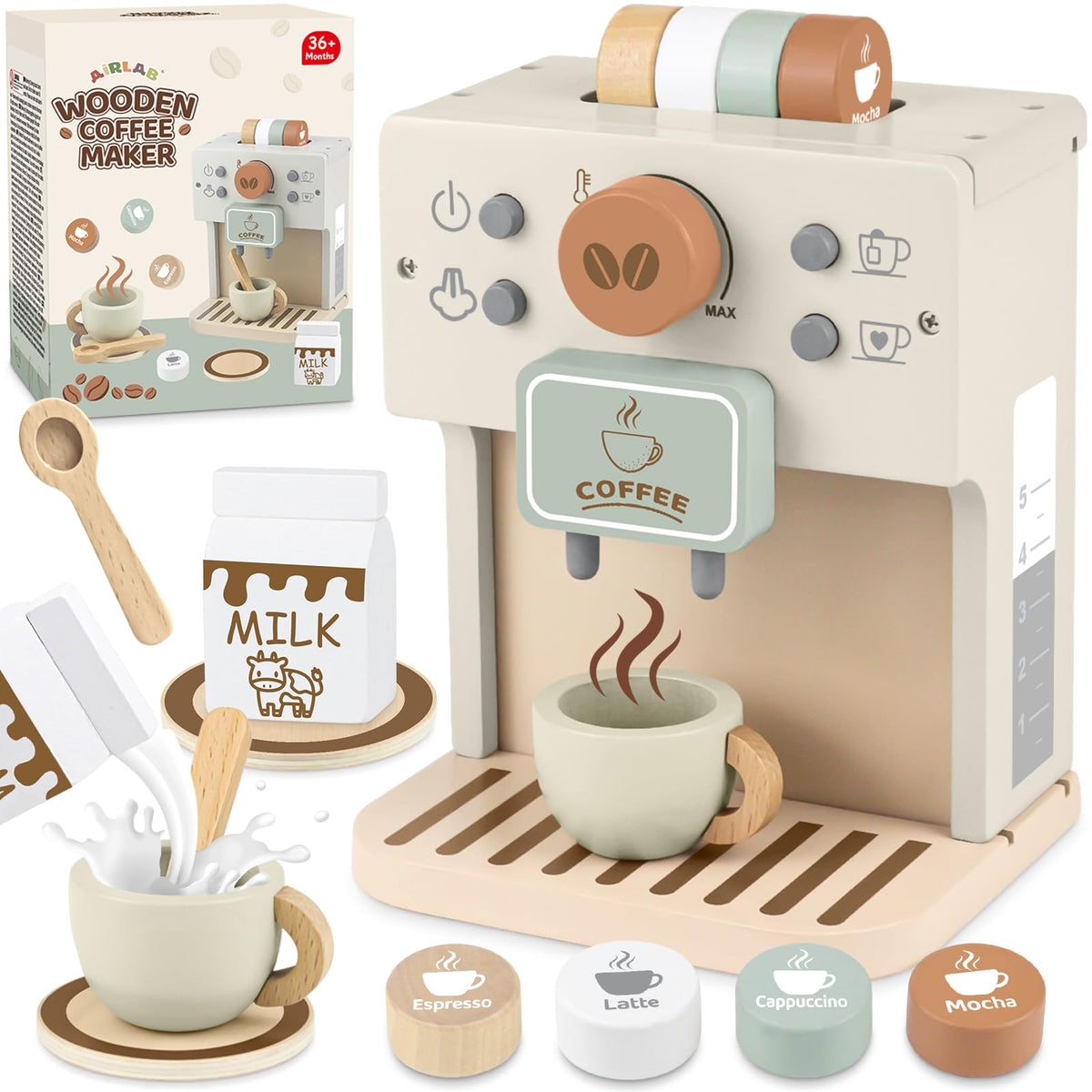 Airlab toy coffee maker for kids—sturdy wood for safe pretend play.