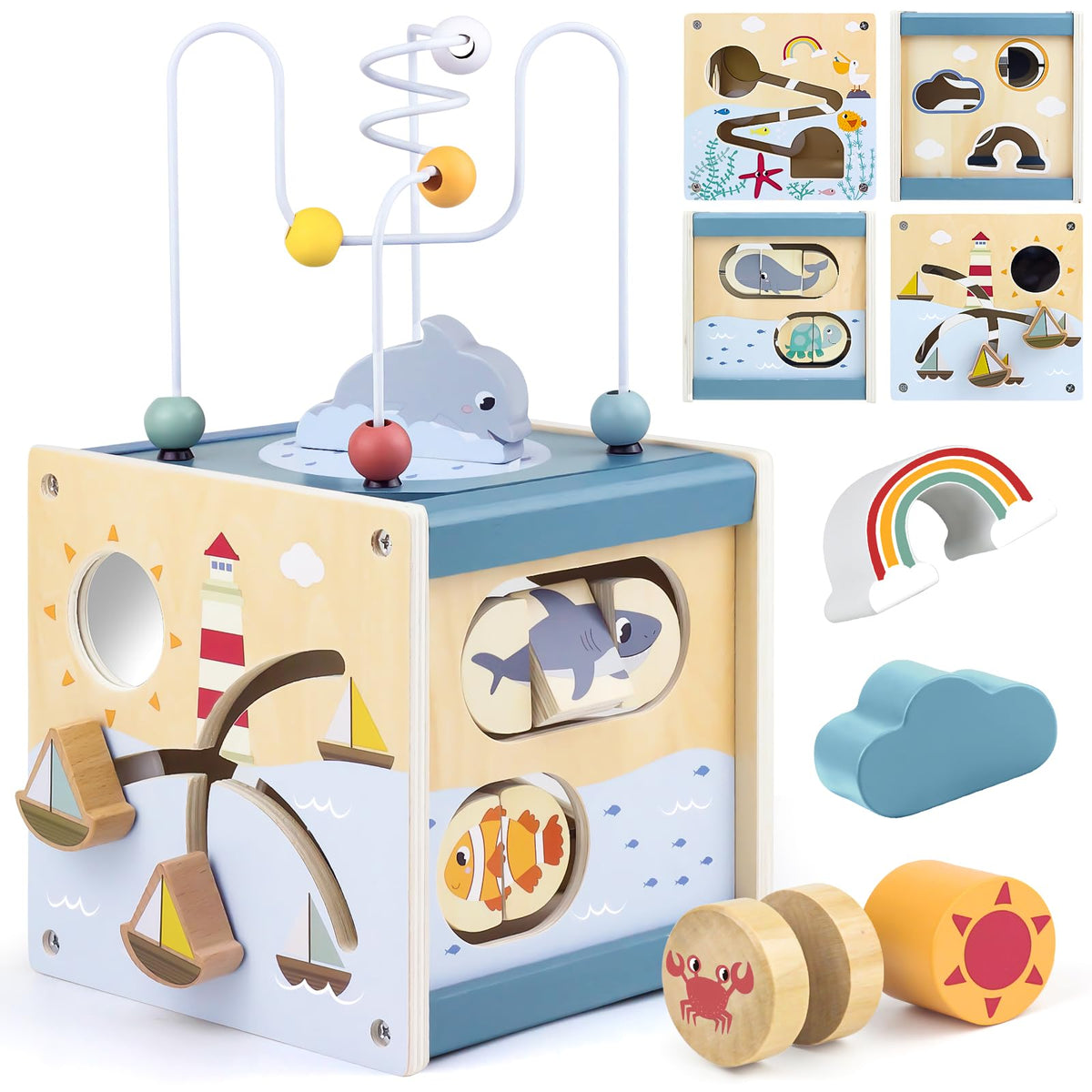 Airlab wooden activity cube bead maze enhances hand-eye coordination during play.
