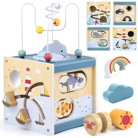 Airlab wooden activity cube bead maze enhances hand-eye coordination during play.