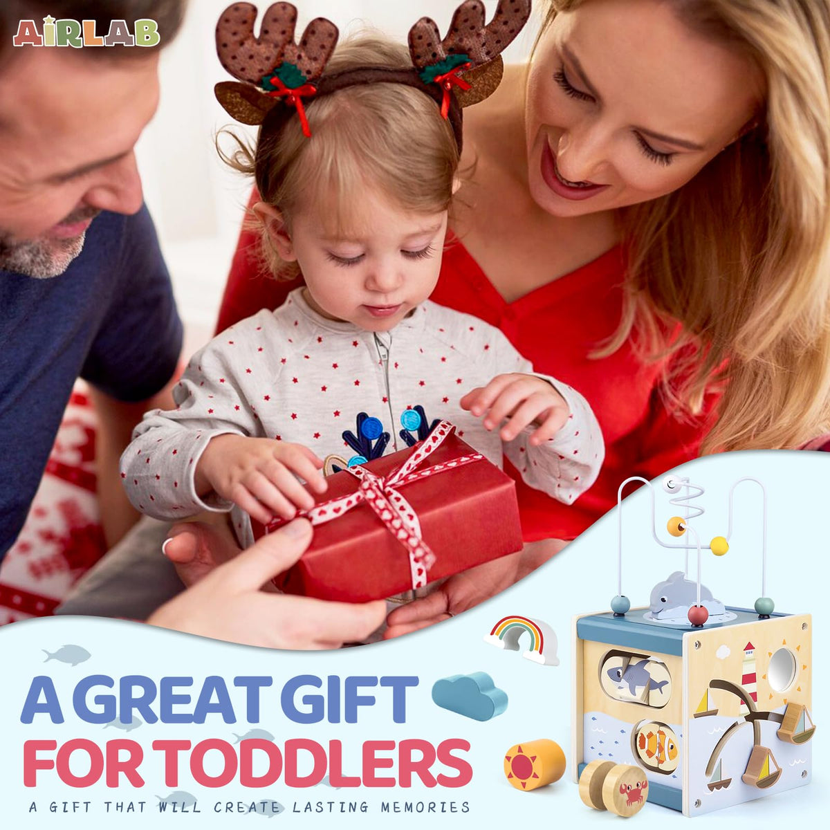 Airlab wooden activity cube gift-ready packaging for birthdays