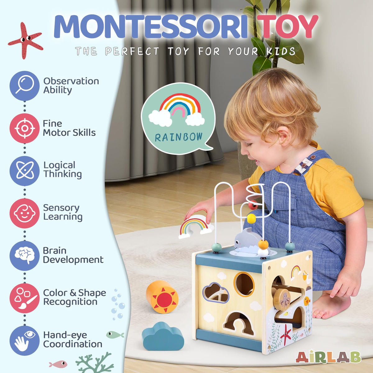 Airlab wooden activity cube rolling block encourages fine motor play.
