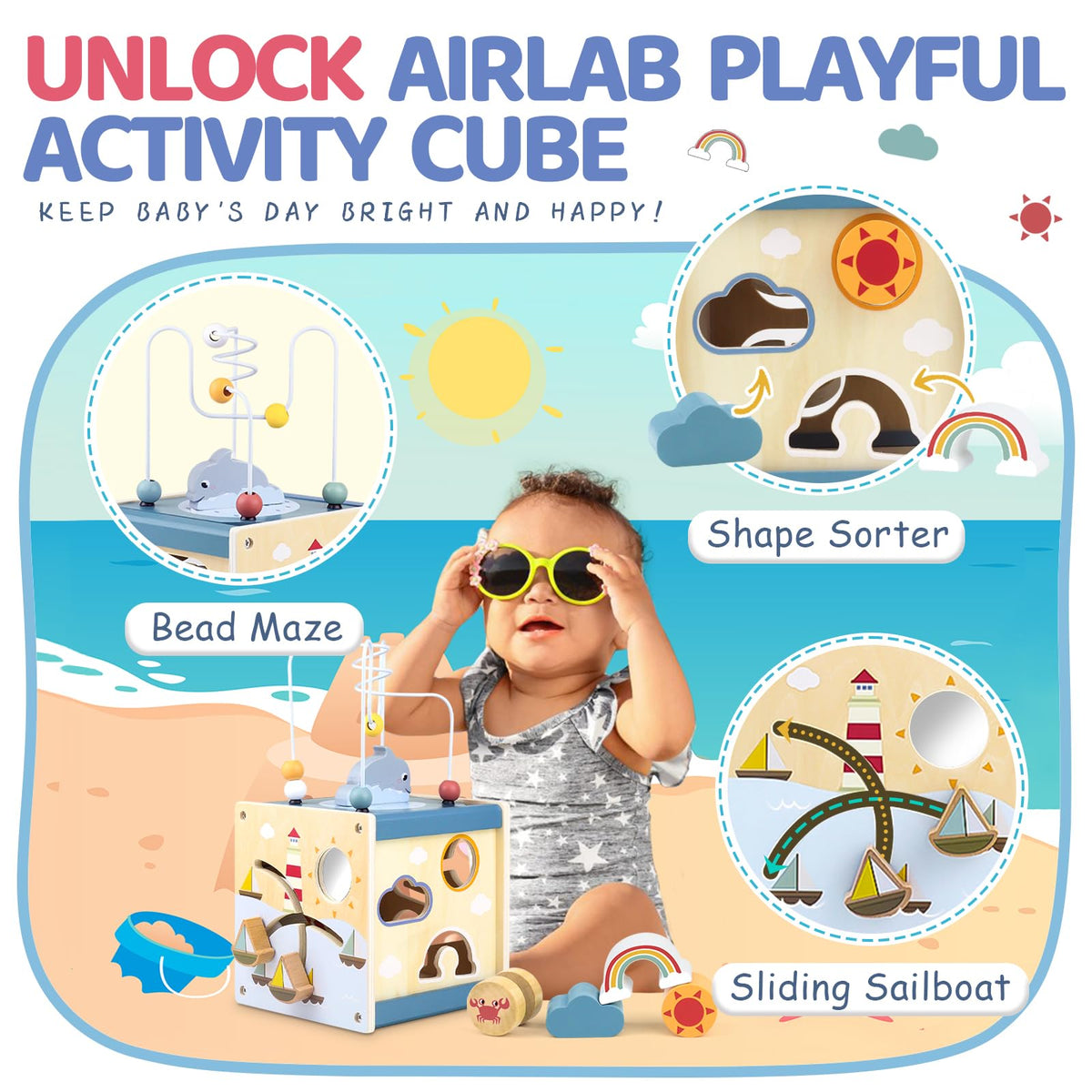 Airlab wooden activity cube rotating puzzle boosts problem-solving during toddler play.