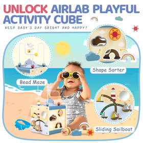 Airlab wooden activity cube rotating puzzle boosts problem-solving during toddler play.