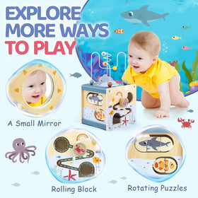 Airlab wooden activity cube shape sorter supports color and shape recognition.