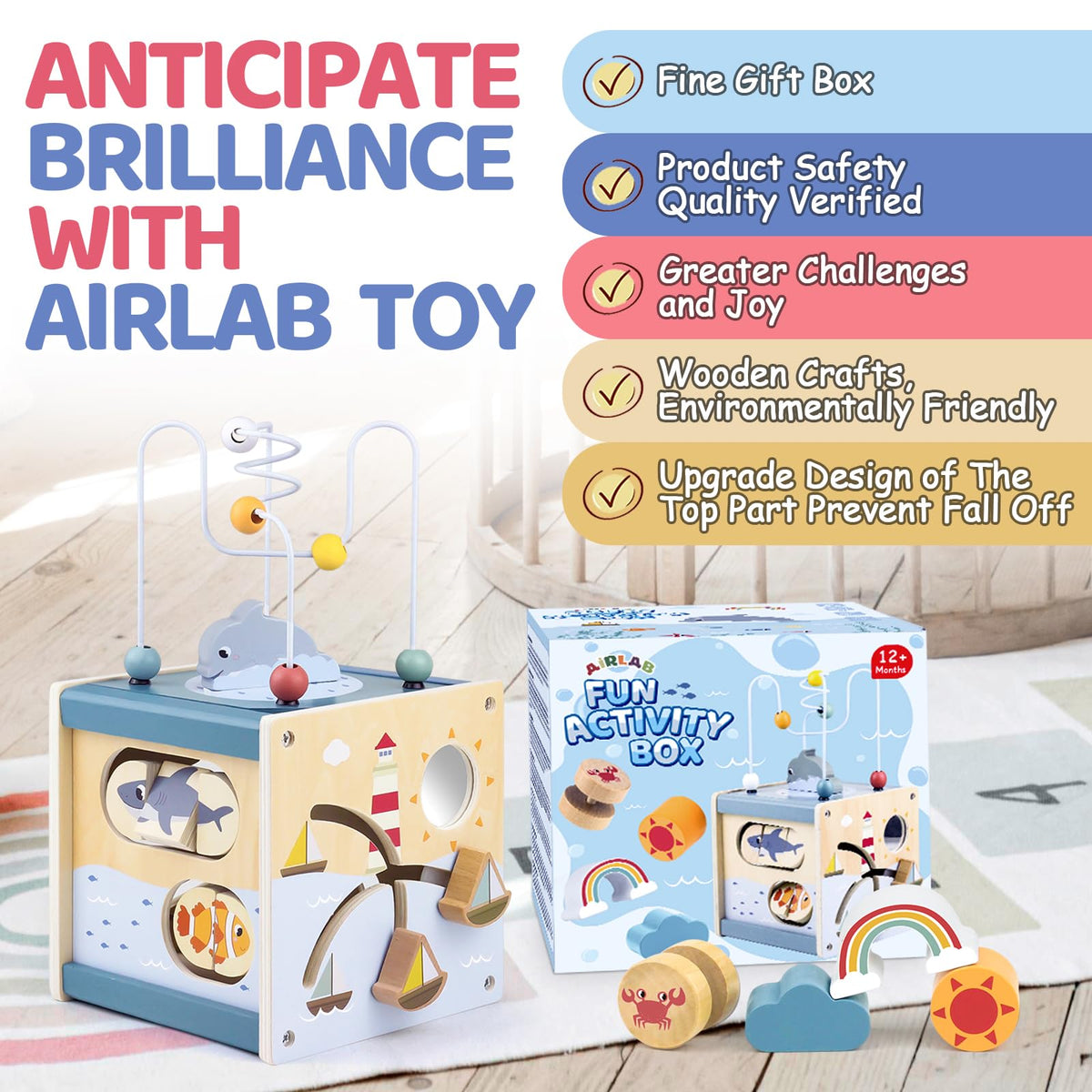 Airlab wooden activity cube sturdy travel-friendly design for on-the-go play.