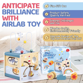 Airlab wooden activity cube sturdy travel-friendly design for on-the-go play.