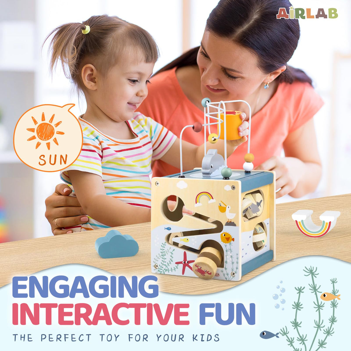 Airlab wooden activity cube tummy time mirror invites self-discovery.