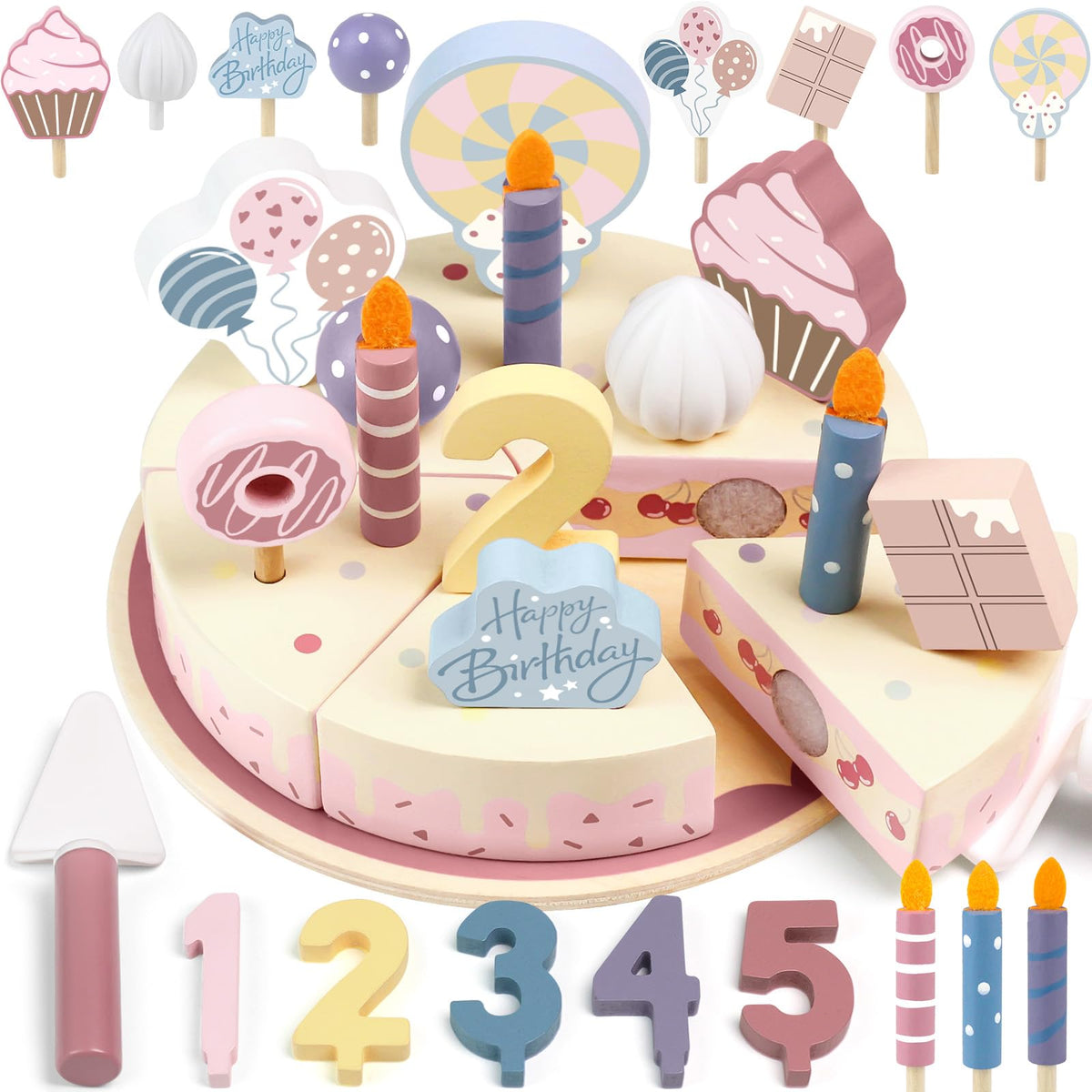 Airlab wooden birthday cake with six slices for realistic pretend play.