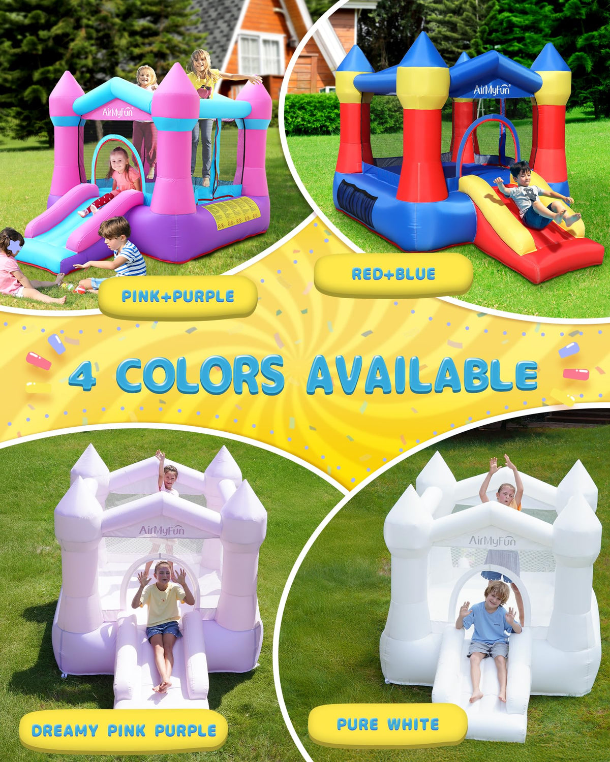 AirMyFun bounce house front view illustrating spacious jumping area for 2-3 children.