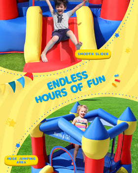 AirMyFun bounce house inside area emphasizing ample jumping space for kids.
