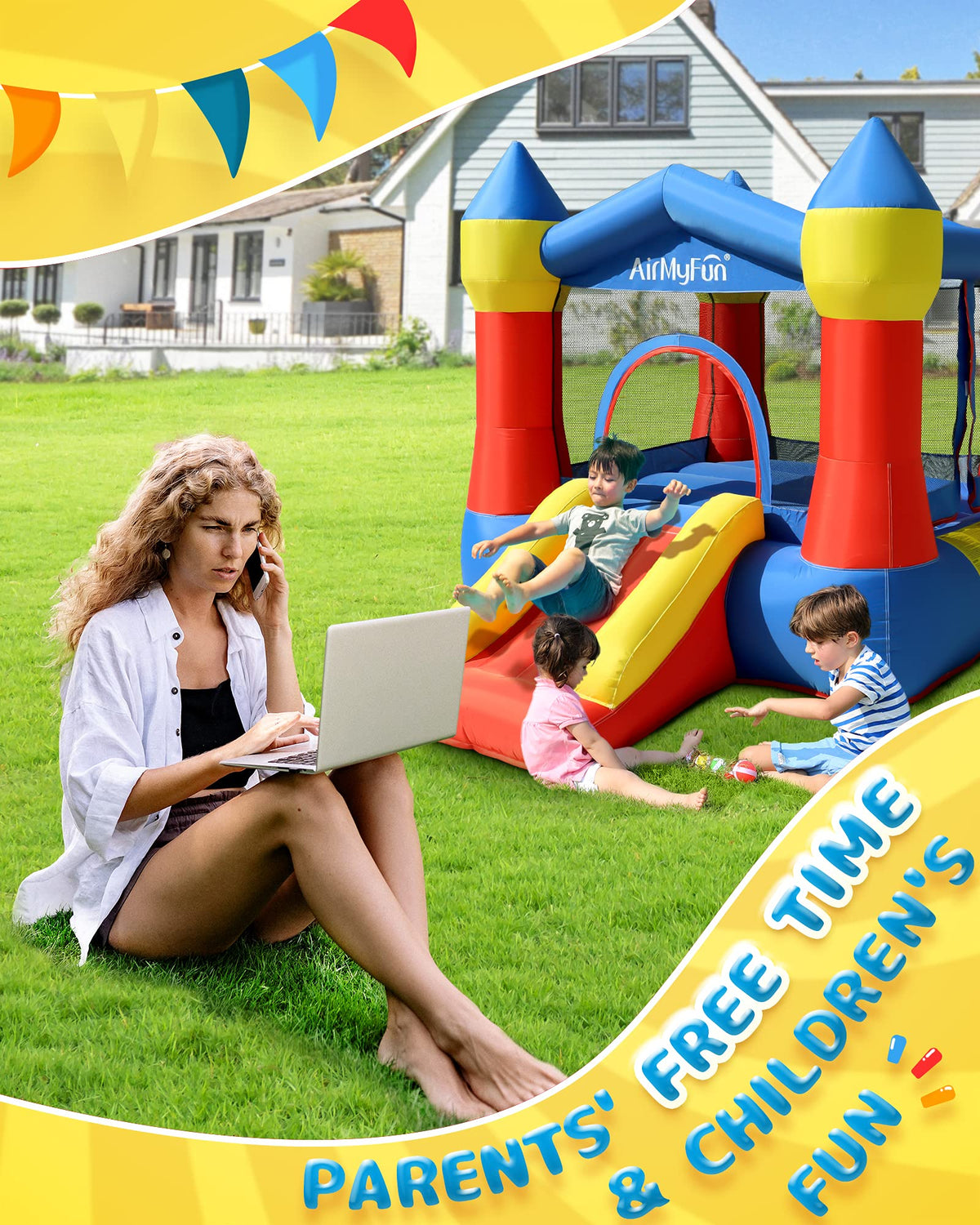 AirMyFun bounce house outdoor-use scene on grass demonstrates stable setup.