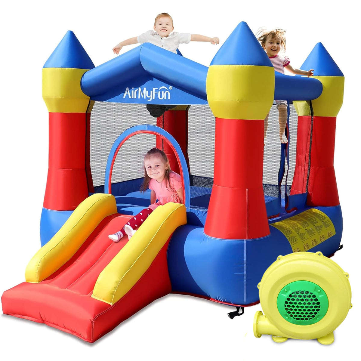 AirMyFun toddler bounce house with slide front view shows easy indoor outdoor setup and play.