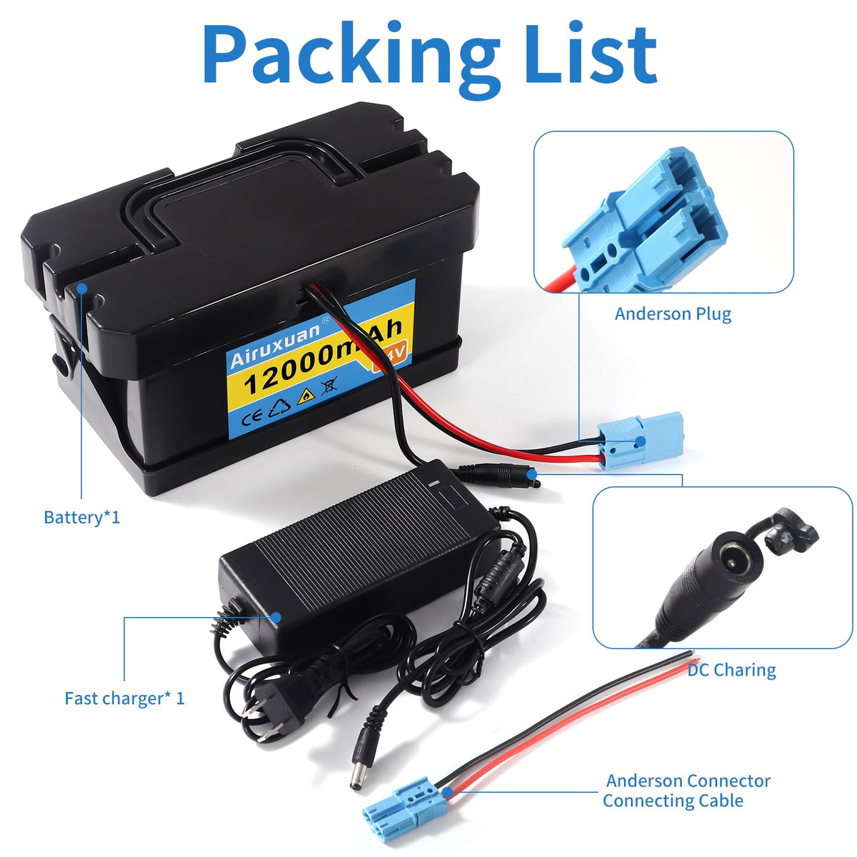 Airuxuan blue Anderson plug enables secure, fast charging connections.
