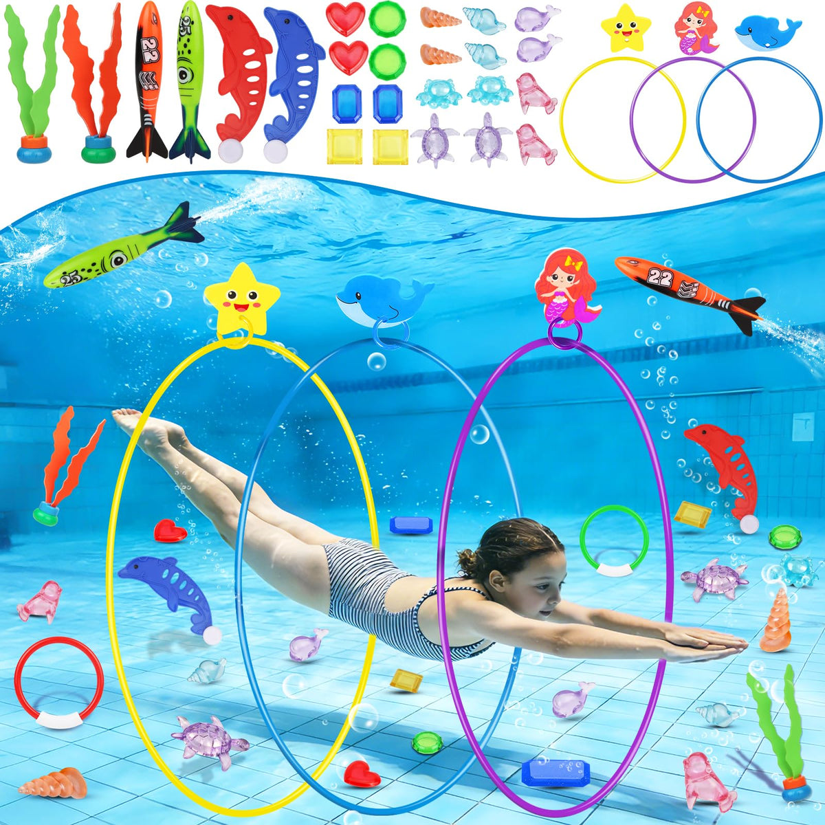 Airyard 31-piece diving set for colorful pool play and treasure hunts.