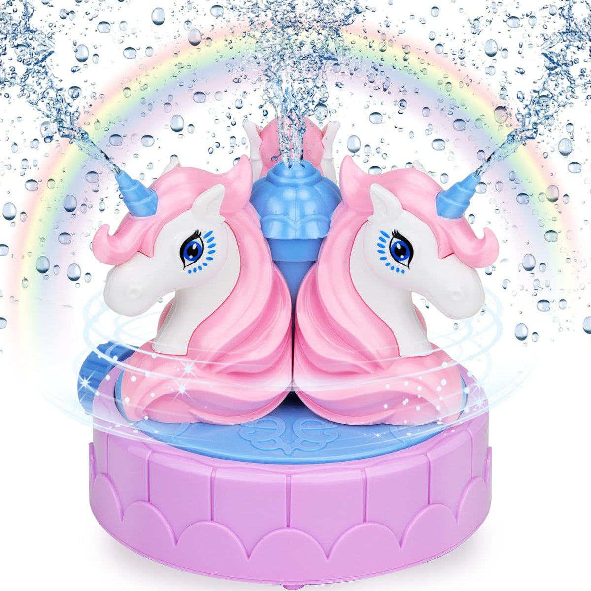 Airyard Spinning Unicorn sprinkler in action delivering backyard splash fun.