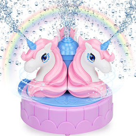 Airyard Spinning Unicorn sprinkler in action delivering backyard splash fun.