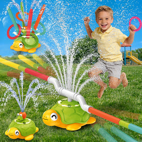 Airyard Turtle Sprinkler spins and sprays for cooling playtime.