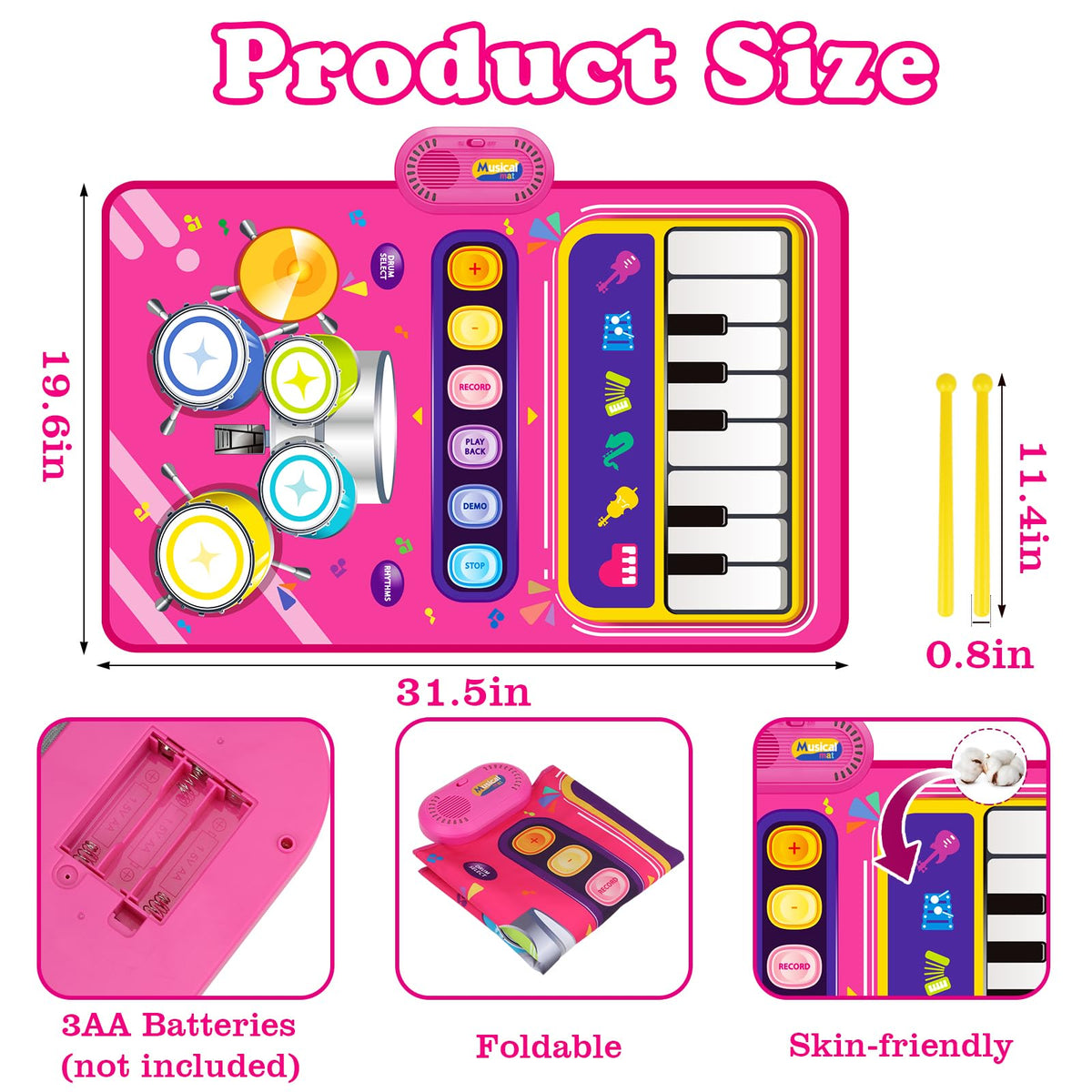 Aitbay baby piano mat drum side for musical drumming fun with sticks.