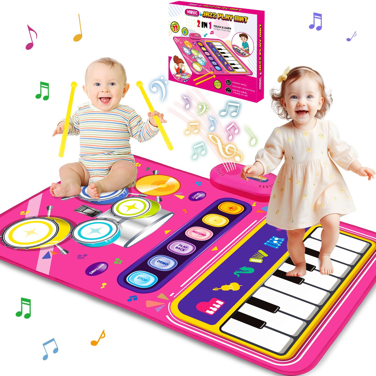 Aitbay baby piano mat with piano side and 6 instrument sounds for curious play.