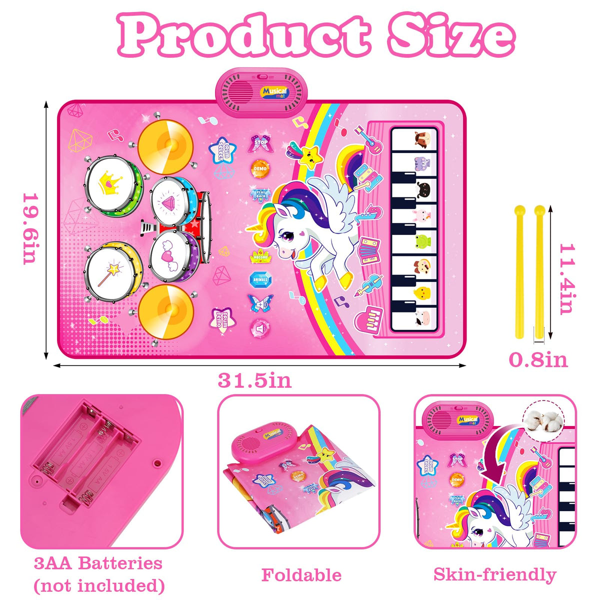 Aitbay unicorn music mat, drum side with sticks, encourages playful drumming skills