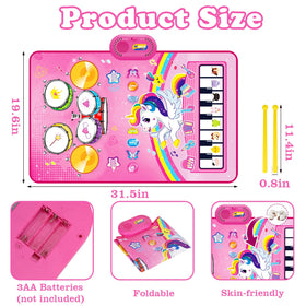 Aitbay unicorn music mat, drum side with sticks, encourages playful drumming skills