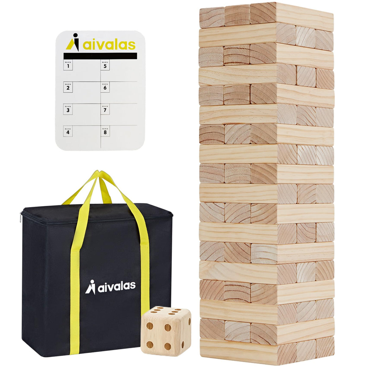Aivalas Giant Tumble Tower blocks arranged for outdoor family play.