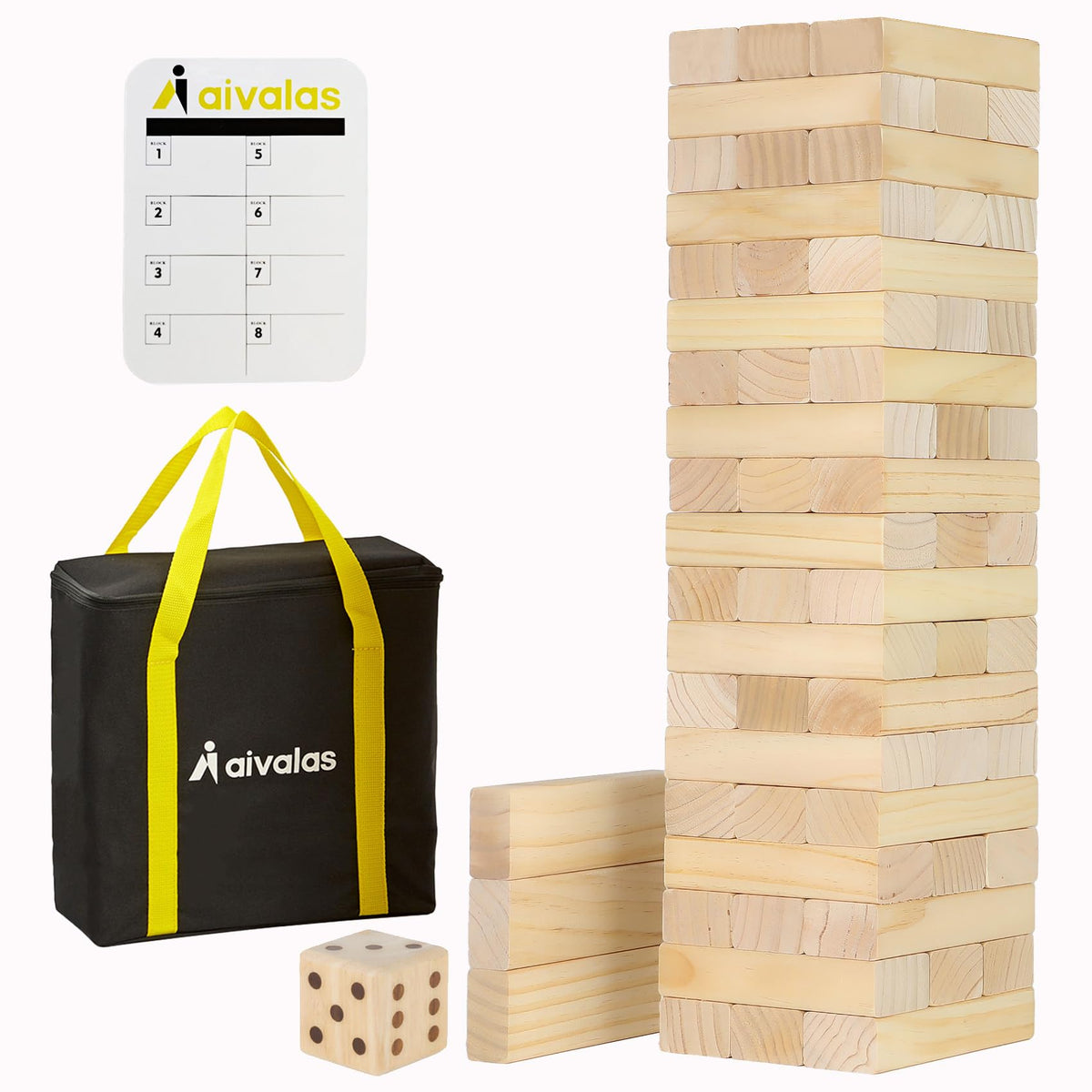 Aivalas Tumble Tower 60pcs blocks set with natural pinewood texture for durable play.