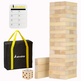 Aivalas Tumble Tower 60pcs blocks set with natural pinewood texture for durable play.