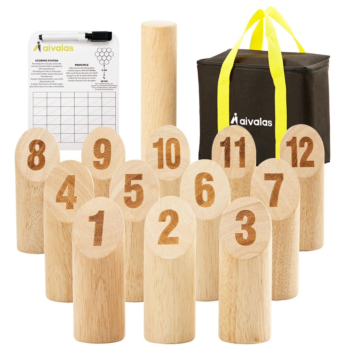 Aivalas wooden tossing game set with 12 blocks for backyard fun and skill-building.