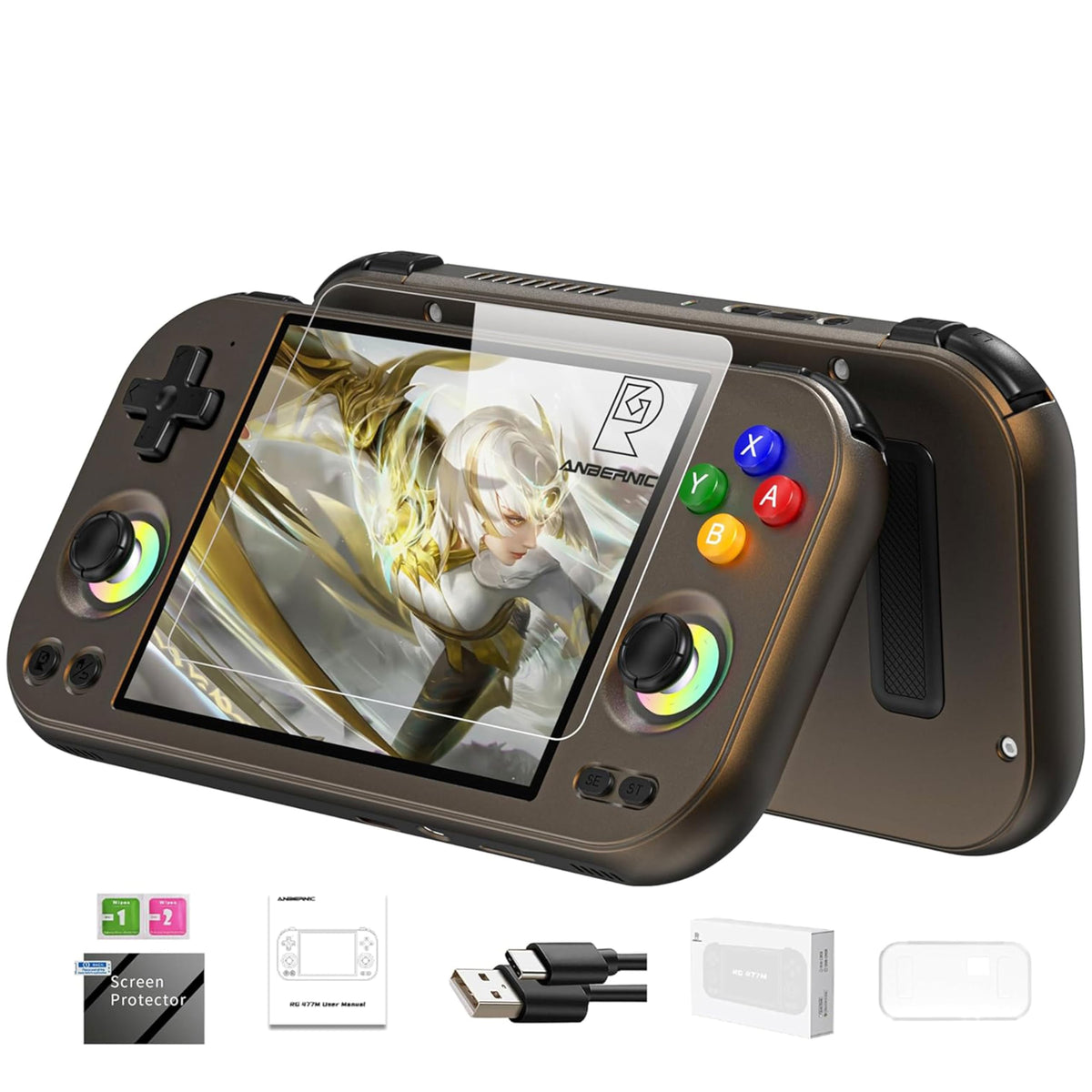 Aivuidbs RG477M console front view with a sleek aluminum body for comfortable handheld play