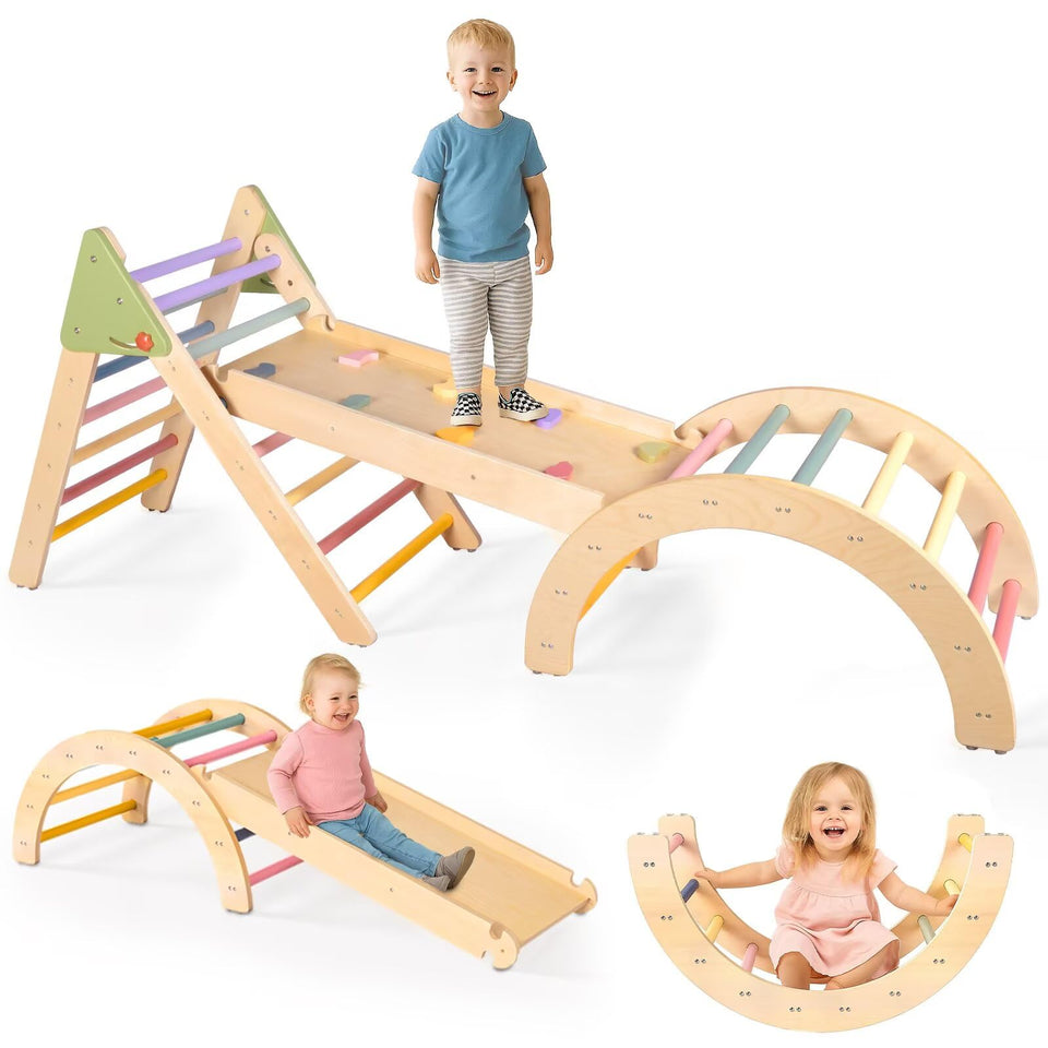 aiwo 7-in-1 Pikler triangle full set supports versatile toddler play and motor skill growth.