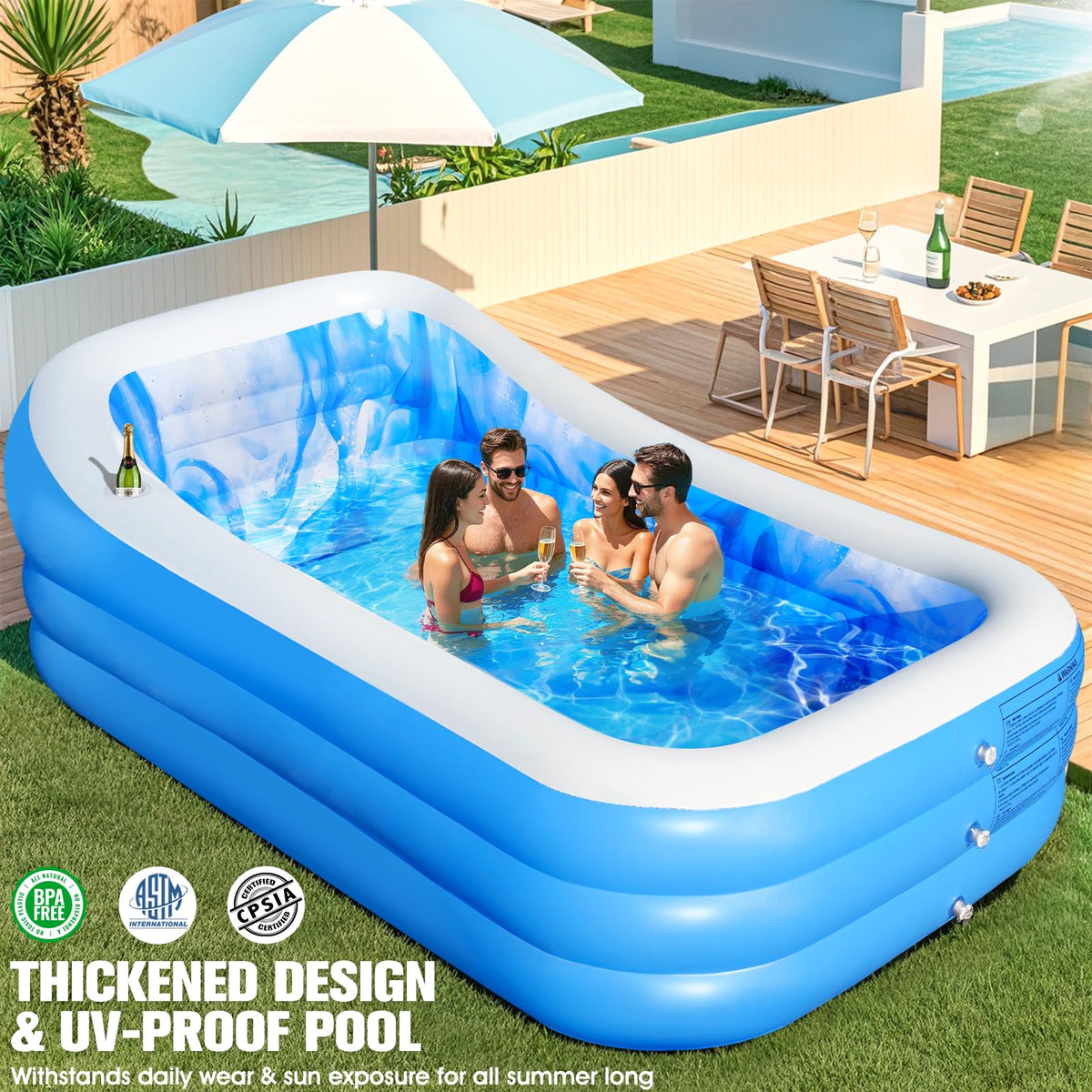 AixPool dimensions 98x63x21.6 inches, fitting two adults and kids for gatherings.