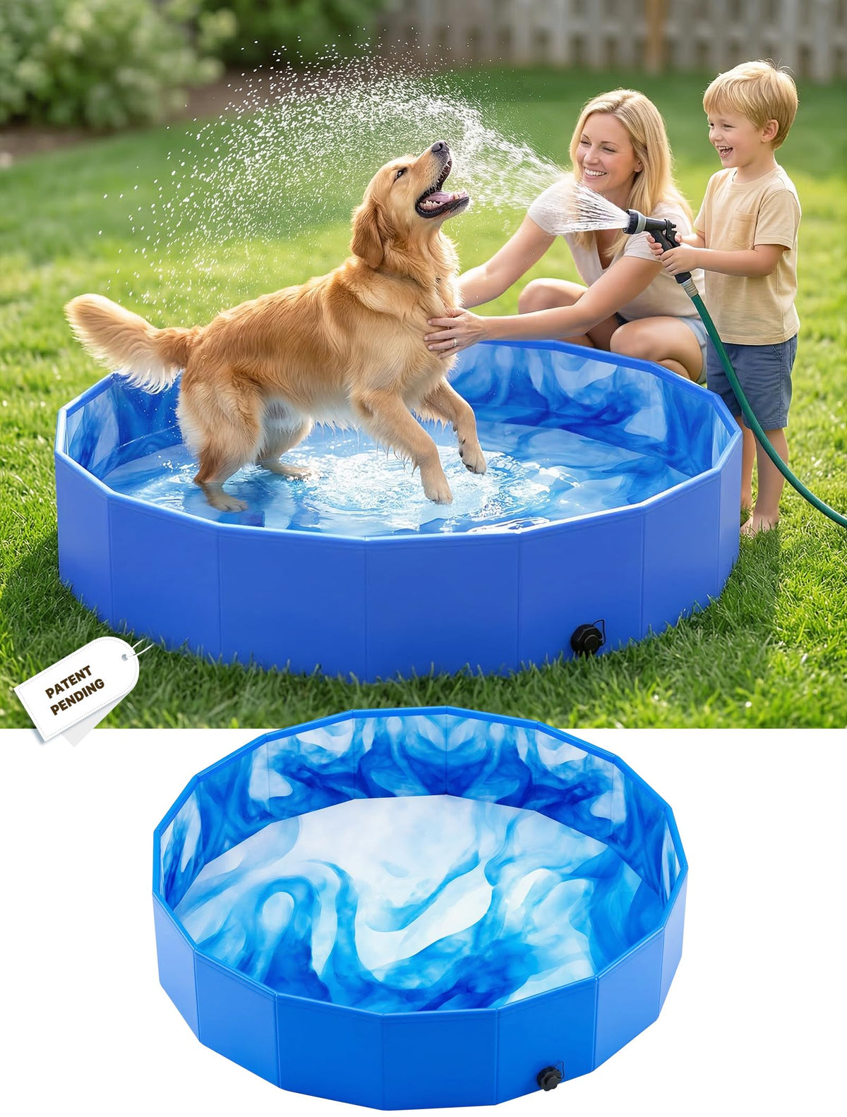 AixPool foldable dog pool in blue with pattern, ideal for quick cooling and playtime.