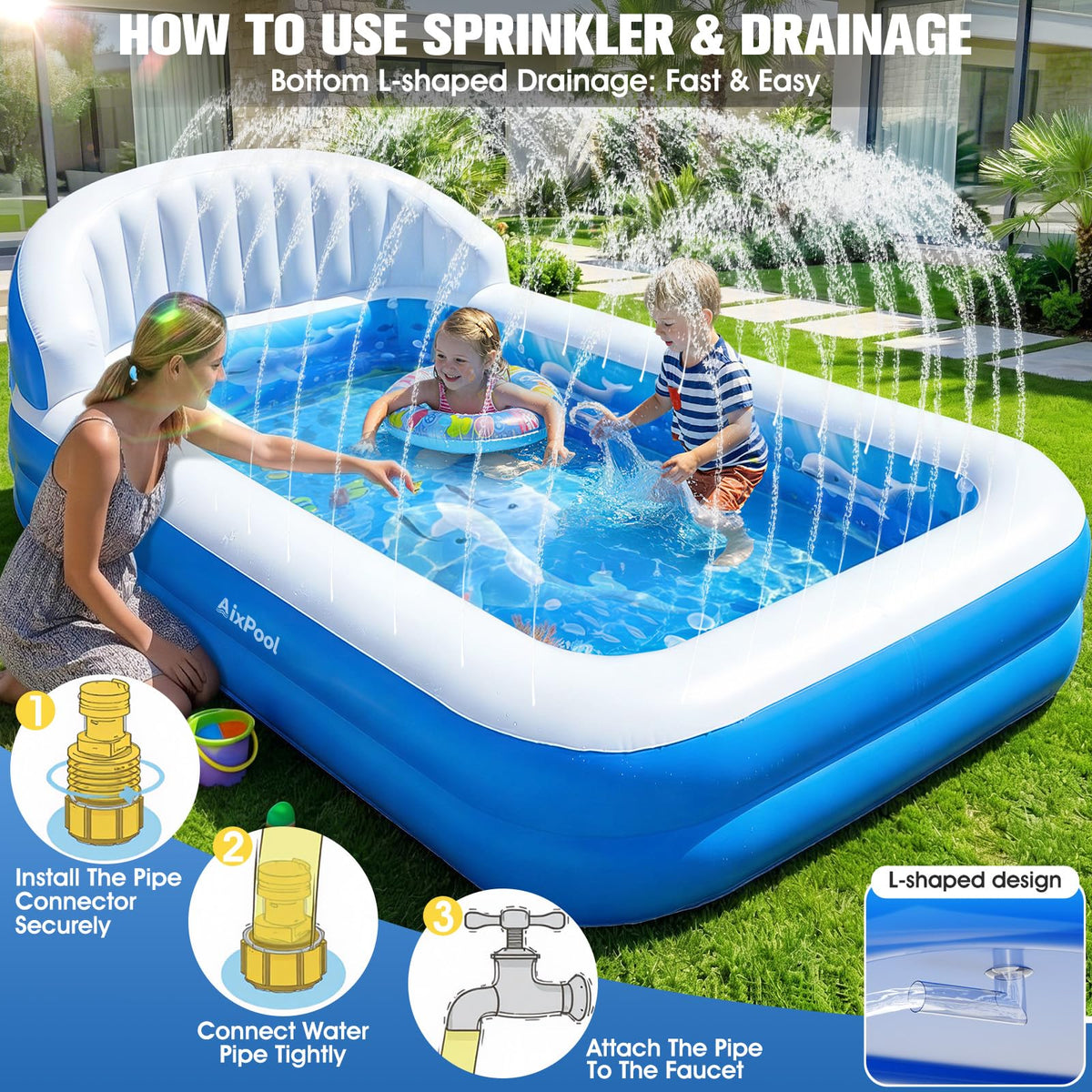 AixPool garden hose connection creates mist and rainbow effects