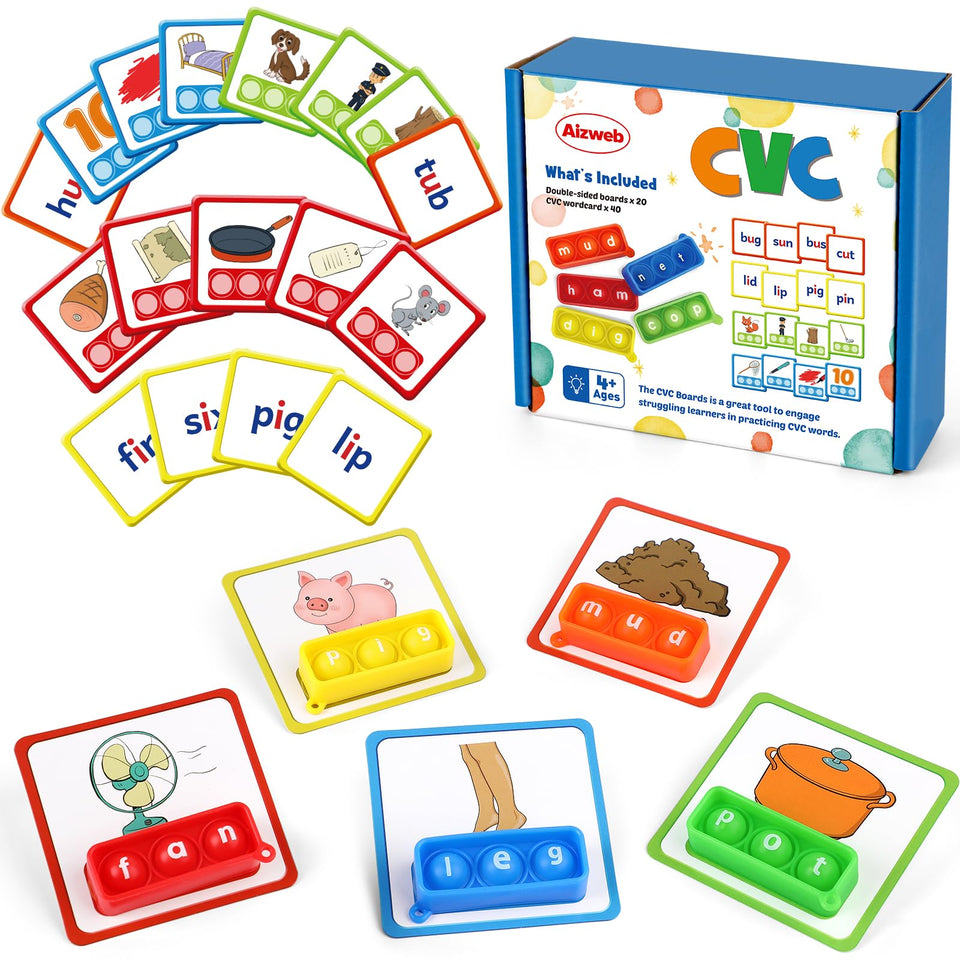 Aizweb CVC board close-up with four buttons for multisensory phonics practice in classrooms.
