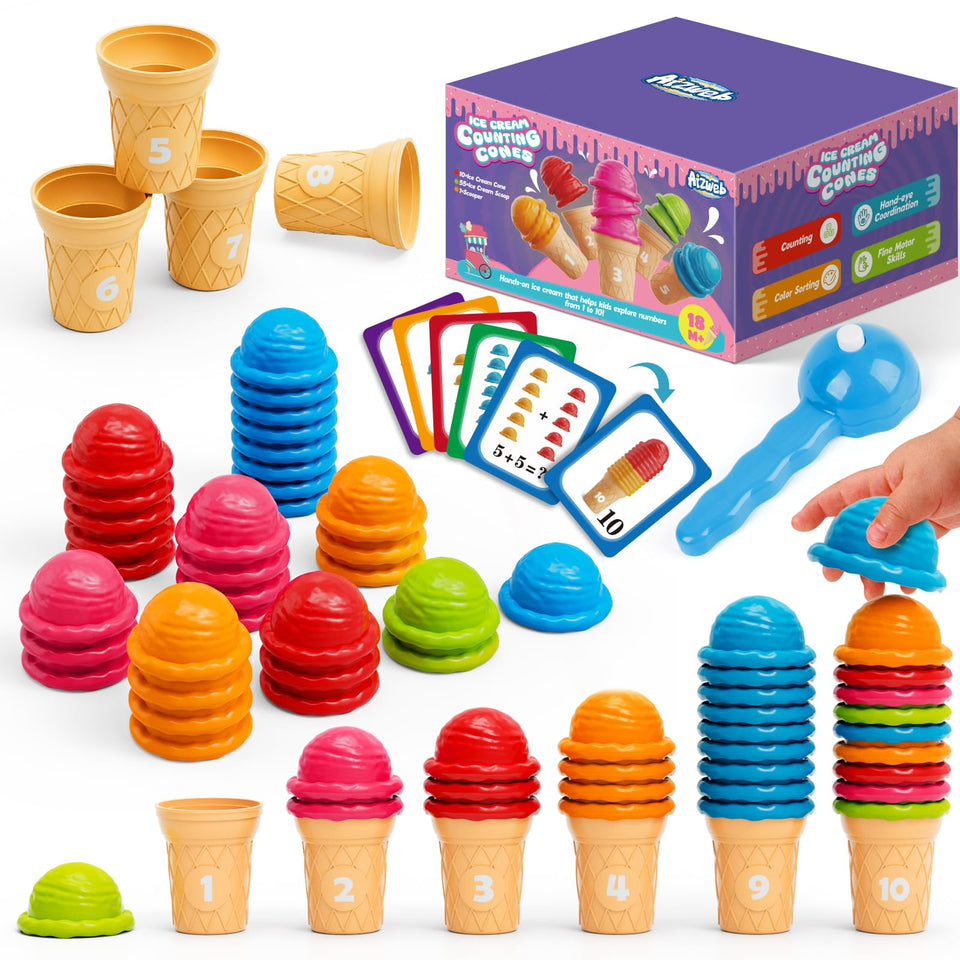 Aizweb ice cream counting cones promote early math and color recognition in toddlers.