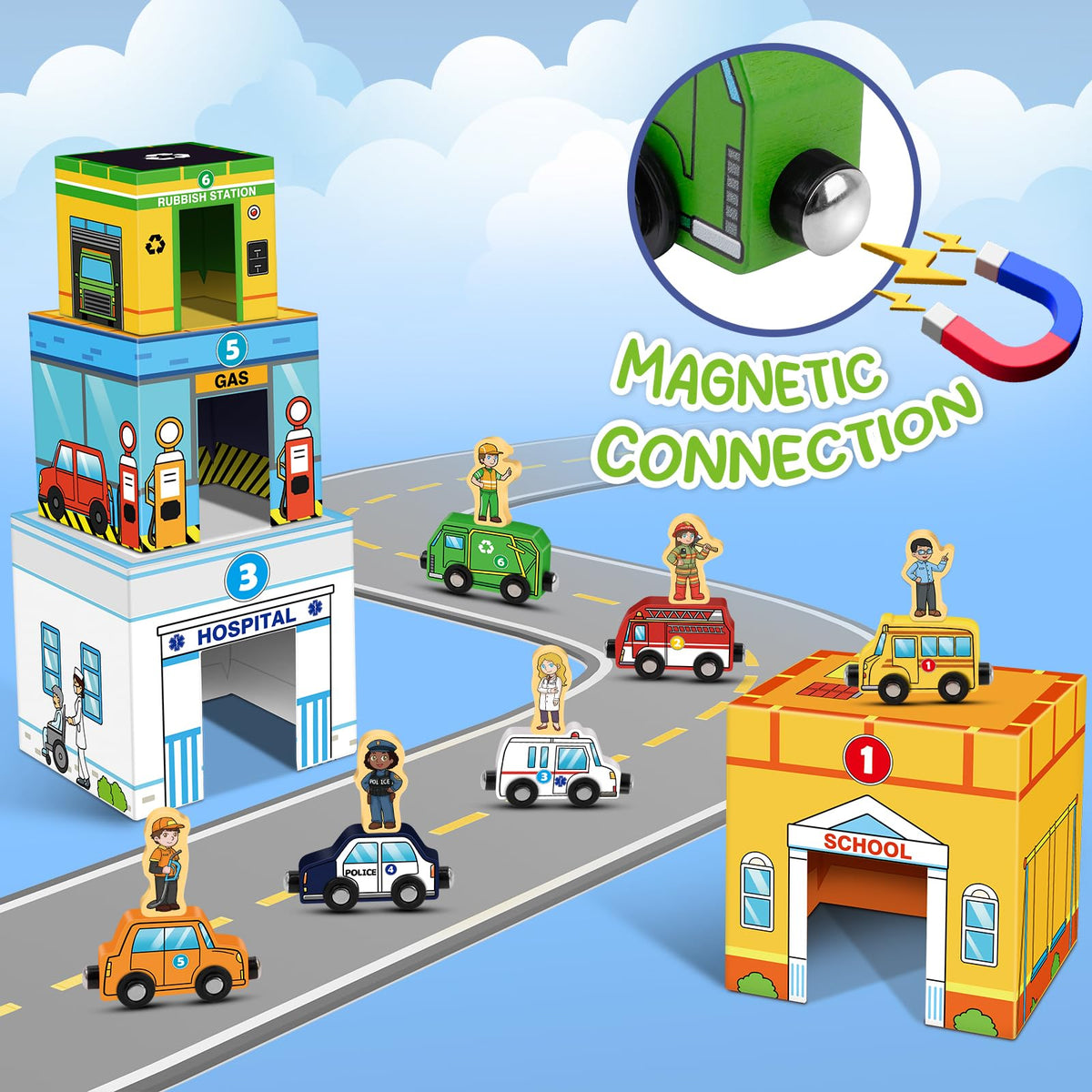 Aizweb magnetic wooden cars connect easily for creative train-building