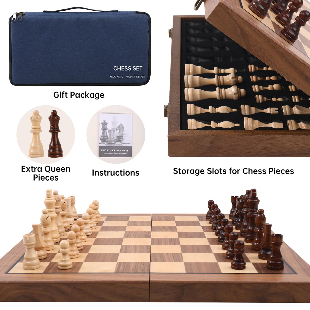 Ajedrez folding chess board with elastic slots keeps pieces organized