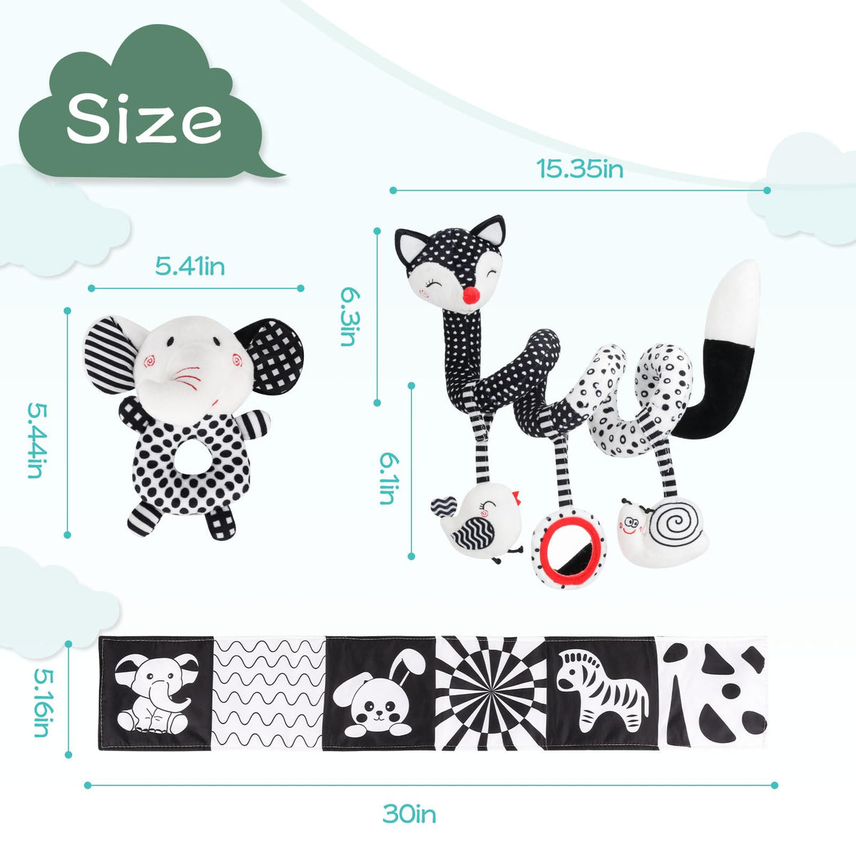 AJsupojouet high-contrast baby book press-sound toy offers tactile and auditory cues.