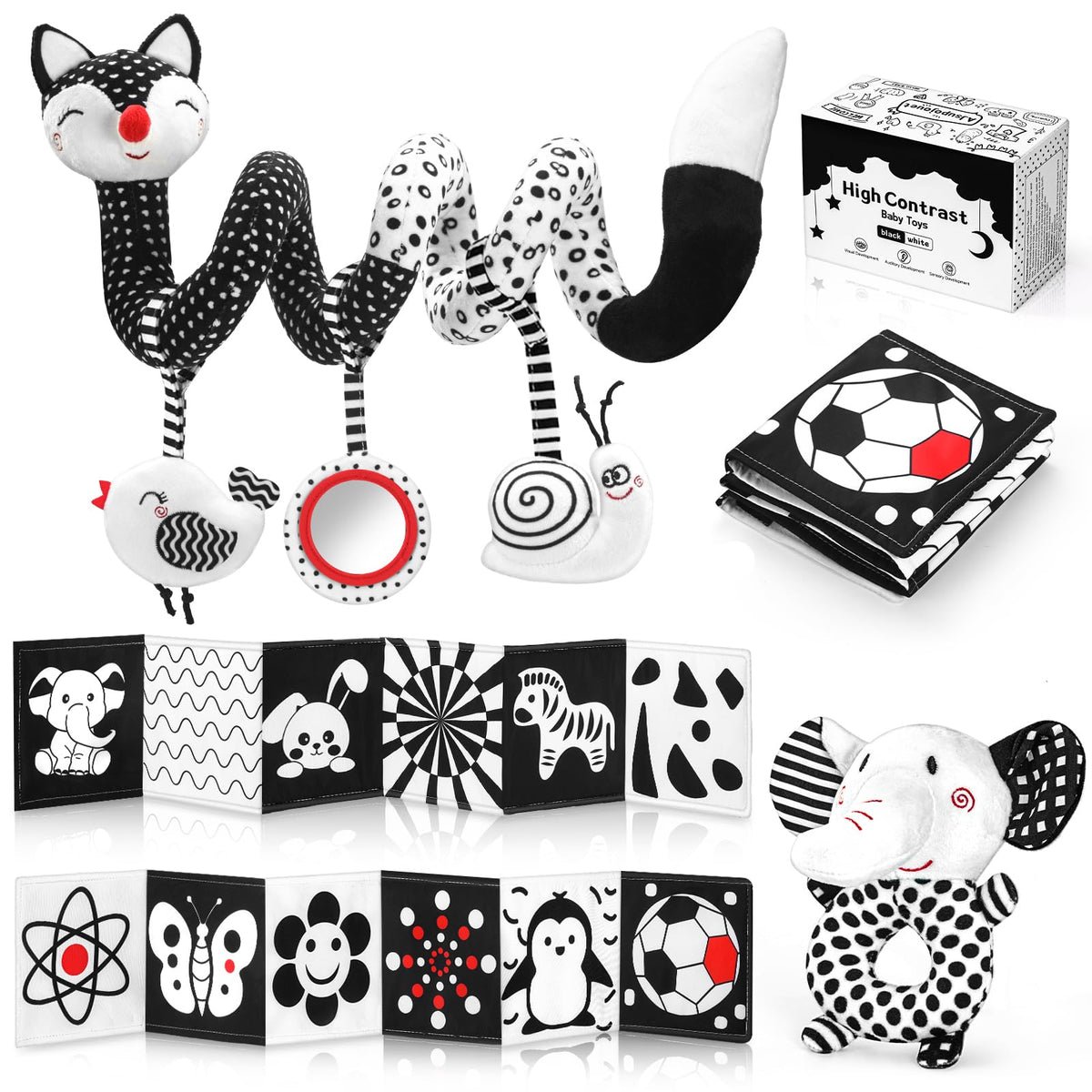 AJsupojouet high-contrast chick hanging toy captures newborn attention with bold shapes.
