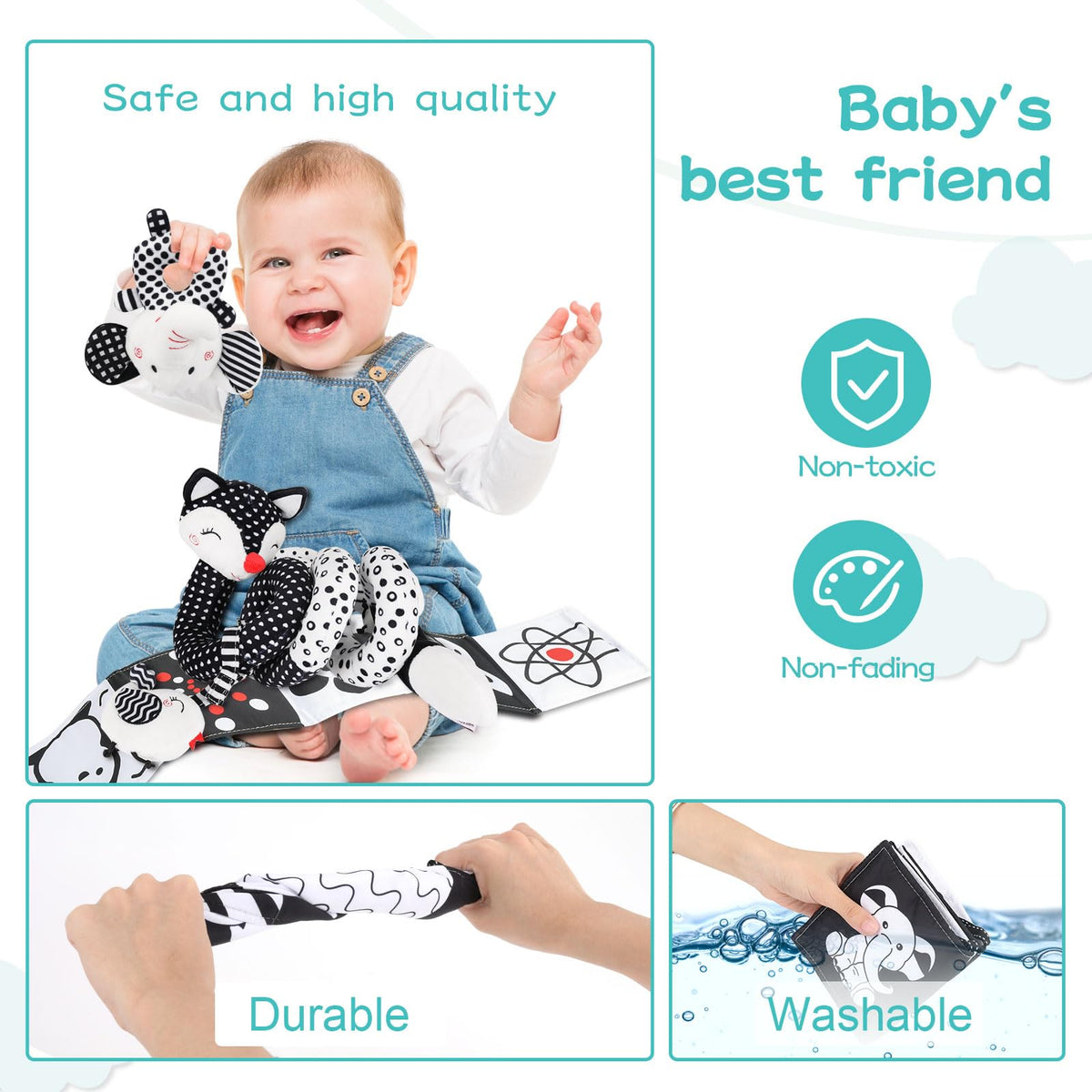 AJsupojouet high-contrast fox ears crinkle toy adds textured surprises for babies.