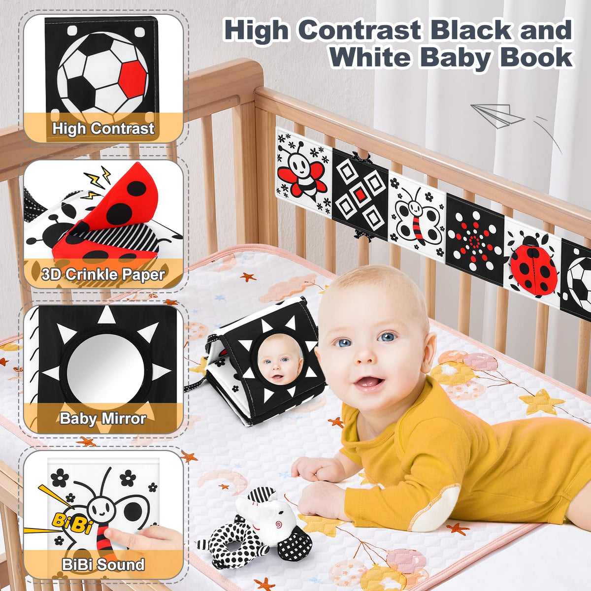 AJsupojouet sock rattle encourages kicking and reaching with soft textures.