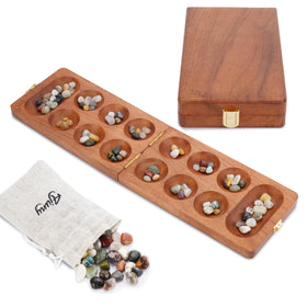 Ajuny wooden Mancala board folded for compact travel and easy storage
