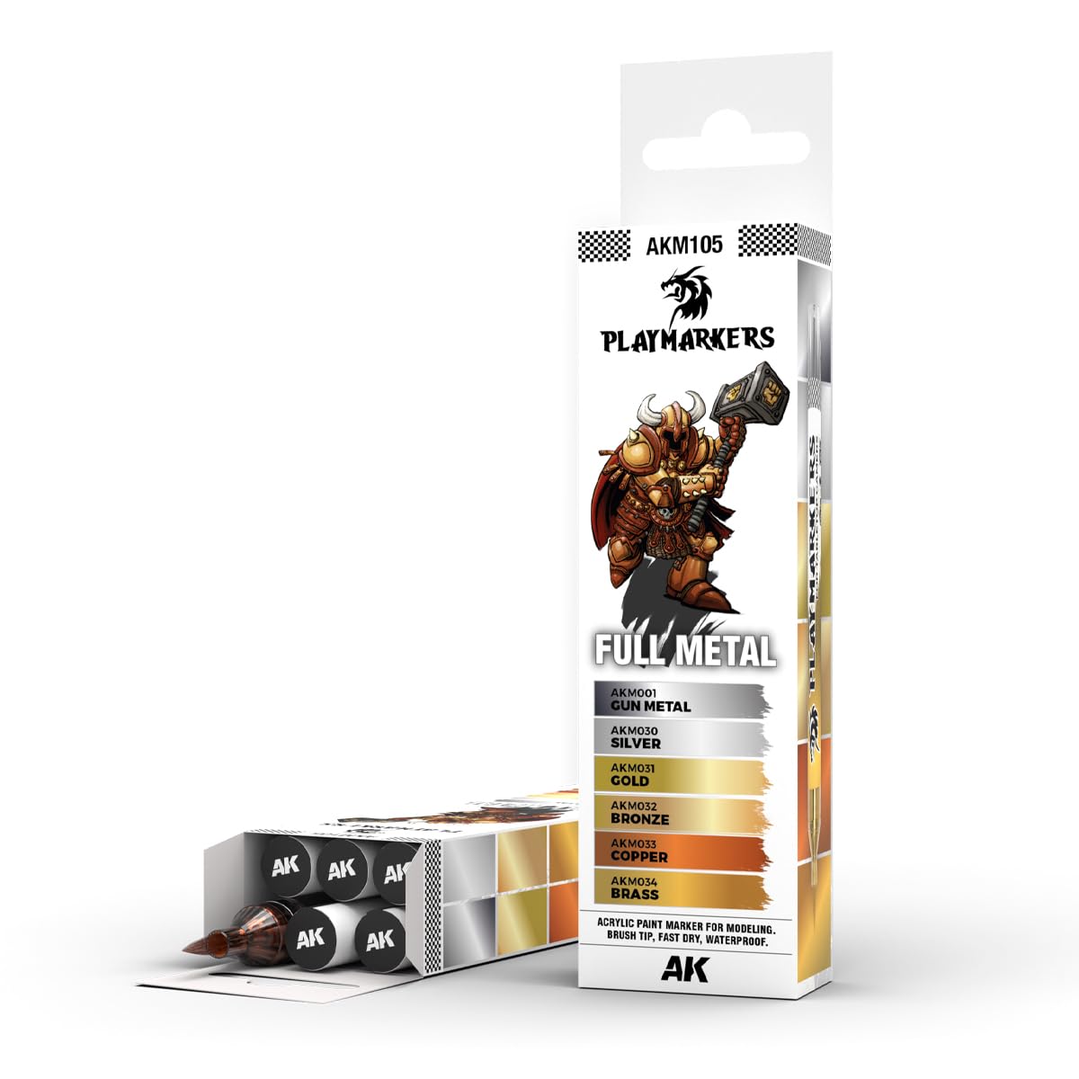 AK Interactive Playmarkers AKM105 Full Metal set showing six metallic tones for armor painting