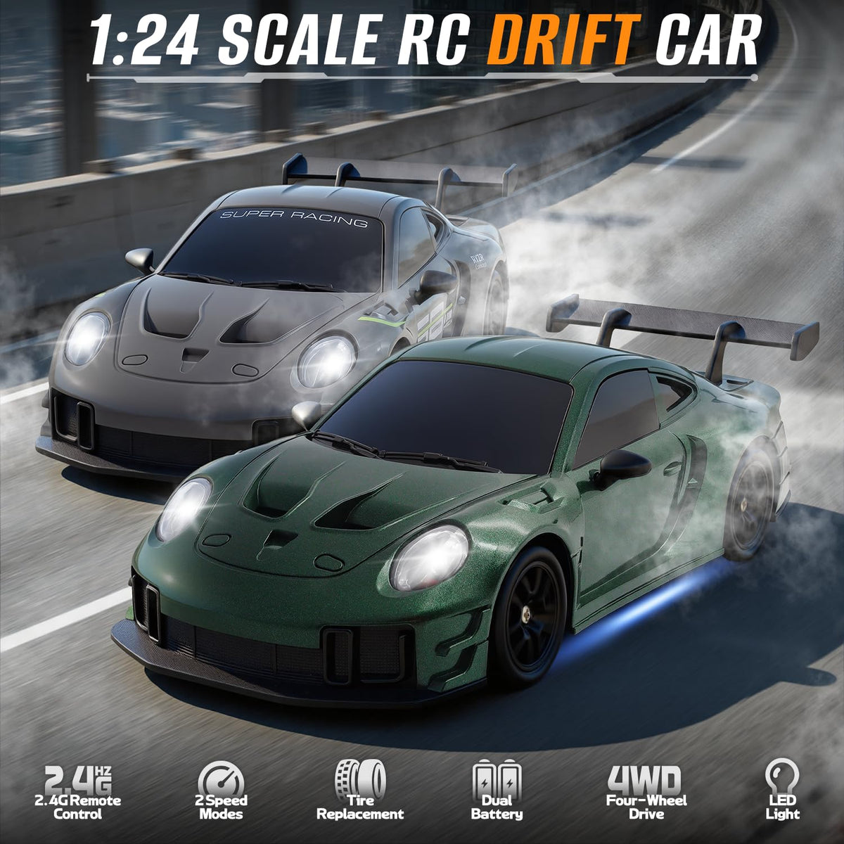 Aka Supaku drift tires mounted for smooth surface drifting action
