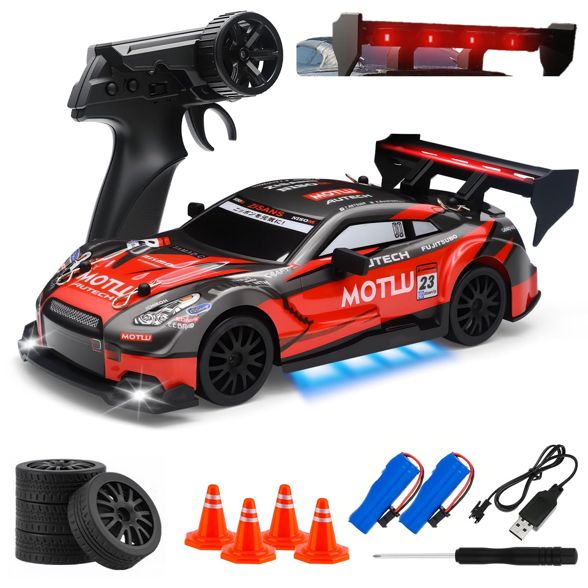 Aka Supaku RC Drift Car front headlights illuminate nighttime fun and visibility.