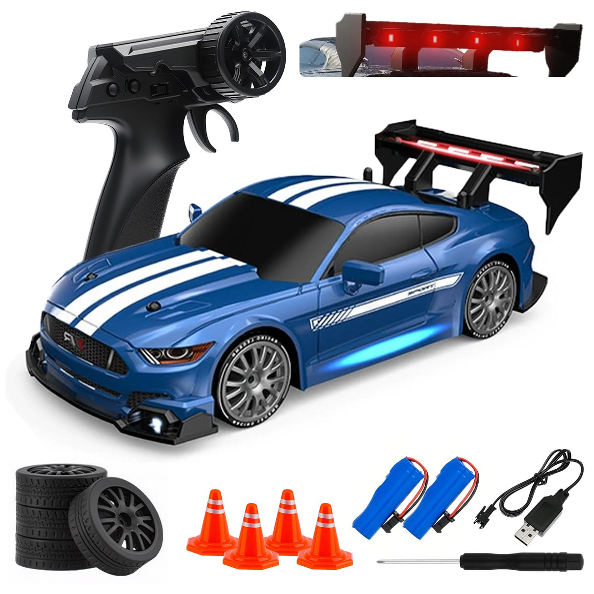 Aka Supaku RC Drift Car front view with LED headlights for night driving.