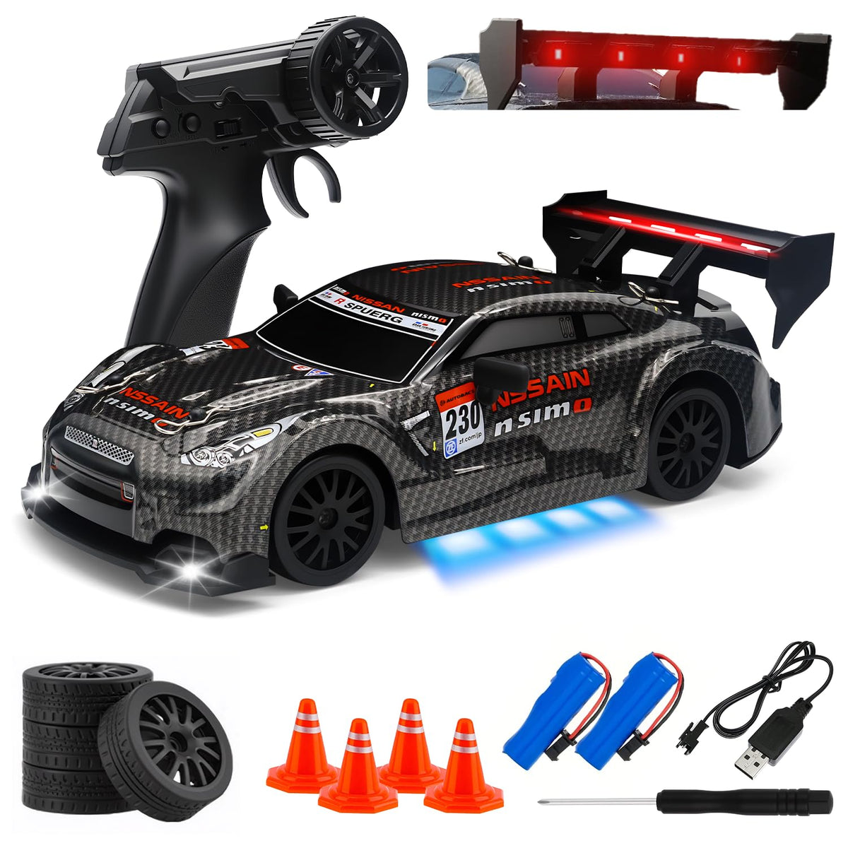 Aka Supaku RC Drift Car front view with bright headlights for night driving