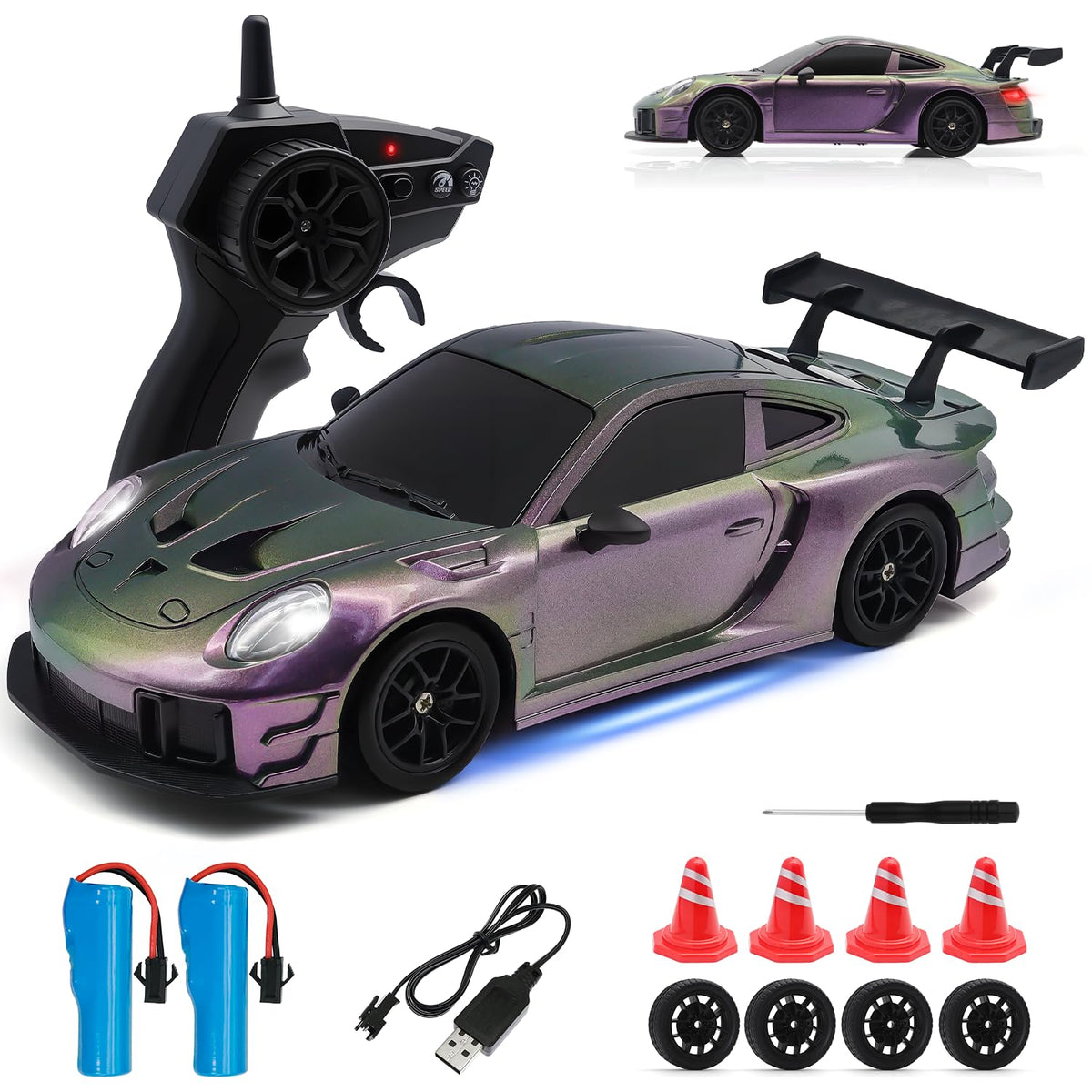 Aka Supaku RC Drift Car front view with LED headlights for night driving.