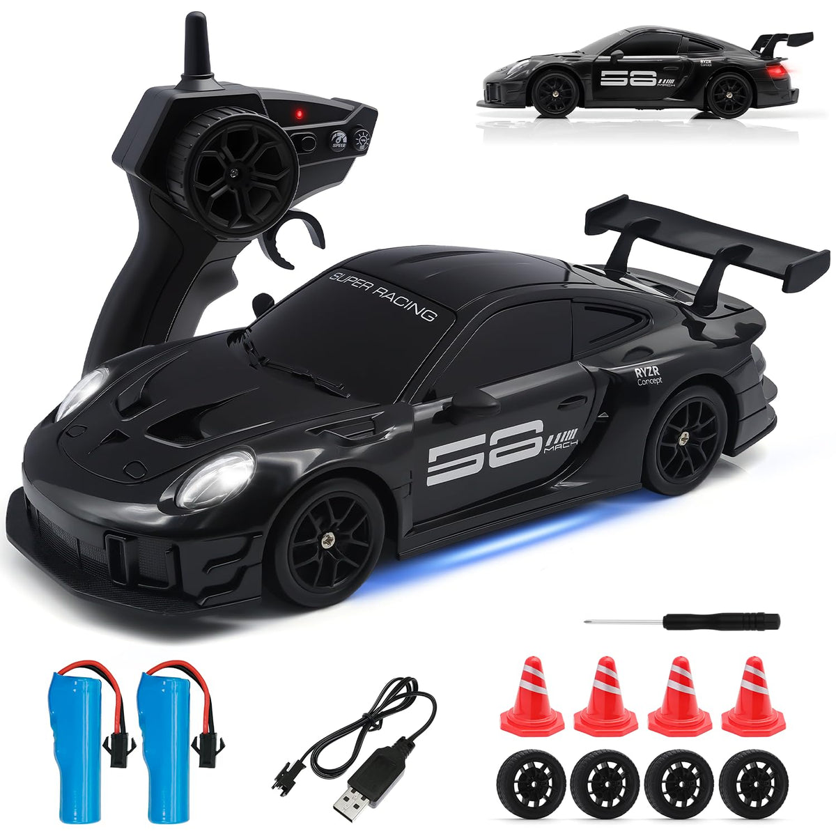 Aka Supaku RC Drift Car front view with LED headlights for night racing.